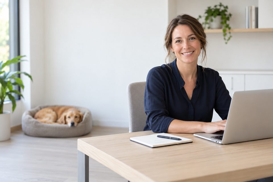 Medewerker van VetJobs zit met een laptop klaar om een vraag te beantwoorden.