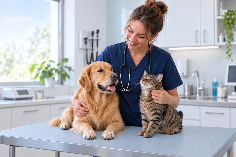 Een dierenarts met een hond en een kat in een lichte praktijk